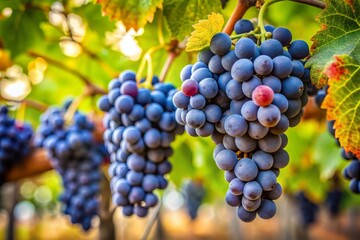 Fototapeta premium Grapes on the vine show deep purple hues, ready for harvest during the vibrant winemaking season, highlighting nature's