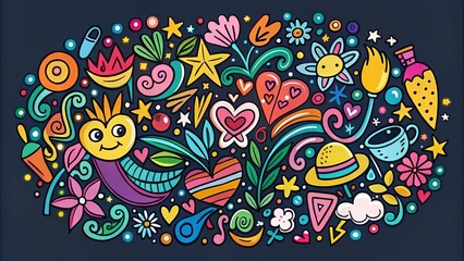 Vibrant, hand-drawn doodles surround a modern, cursive font, creating a playful and whimsical design element ideal for