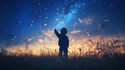 Child in open field under starry night sky, gazing upward in wonder, vast expanse of stars twinkling above, creating a magical and serene atmosphere.