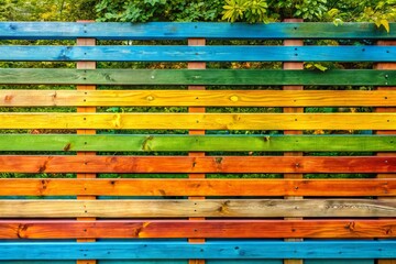 Vibrant horizontal wooden fence with alternating yellow, orange, blue, and green planks, adding a pop of color to