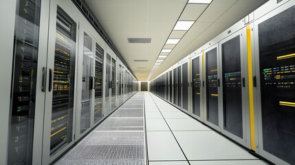 A long hallway with many computer servers. The servers are white and yellow. The hallway is very long and empty