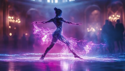 A woman dances in a fiery gown on a stage.
