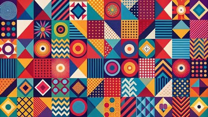 Obraz premium Vibrant illustration of abstract geometrical shapes and patterns in bold colors, blending modern minimalism with