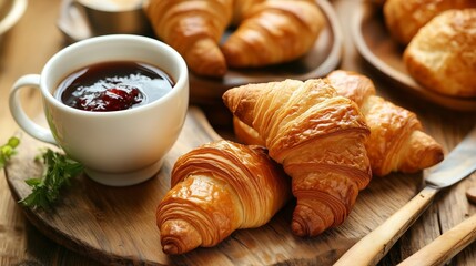Freshly baked croissants served with a cup of coffee and jam on a wooden table during a cozy breakfast setting