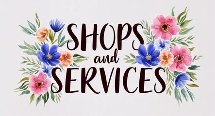 Shops and Services word lettering with watercolor painting flowers on plain white background