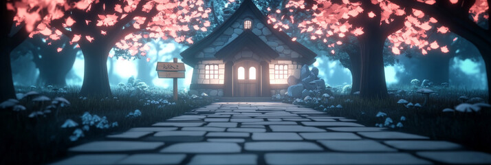 Obraz premium A cozy cottage with glowing windows sits in a magical forest.