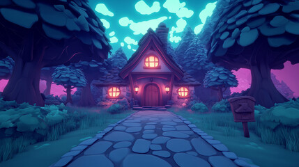 Fototapeta premium A charming cottage nestled in a whimsical forest setting, bathed in a soft, neon glow.