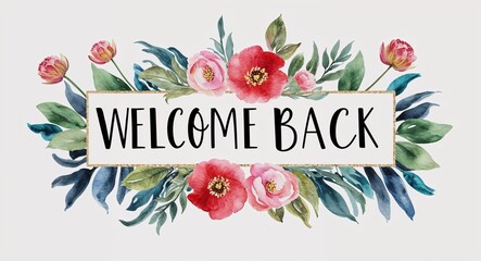 welcome back word lettering with watercolor painting flowers on plain white background