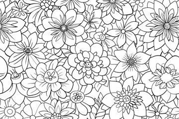 An intricate black and white floral pattern featuring a variety of flowers, suitable for coloring or design projects.