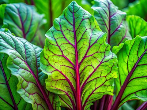 Vibrant, iridescent beetal leaves with intricate veins unfold from a stem, showcasing the plant's striking,