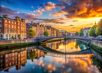 Vibrant morning light illuminates the River Liffey's tranquil flow through Dublin's historic heart, showcasing