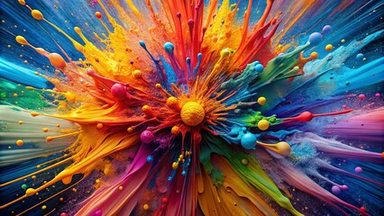 Vibrant multicolored explosion of paint splatters and streaks radiate from the center, filling the frame with an