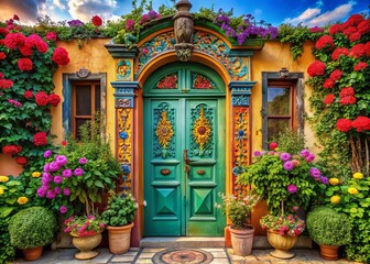 Vibrant multicolored front door with intricate carvings and ornate hardware, surrounded by lush greenery and blooming