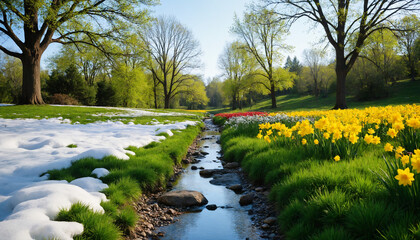 Obraz premium Spring landscape with melting snow, blooming flowers, and a flowing stream