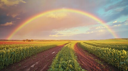 Picturesque Farm Landscape with Rainbow, serene fields of crops illuminated by a vibrant rainbow, showcasing the charm of agricultural life following a refreshing rain shower