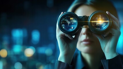 Businesswoman with Binoculars, Predicting Economic Trends in a Digital World