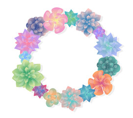 Wreath of flowers. Green, blue and orange watercolor flowers. Bloom and blossom plants. Abstract creativity and art. Place for text. Flat vector illustration