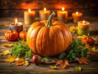 Vibrant orange pumpkin garnished with fresh green herbs and seated on a rustic wooden table, surrounded by glowing