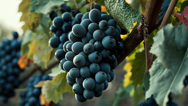 A large bunch of dark grapes hangs from a vine in a vineyard, ready for harvest