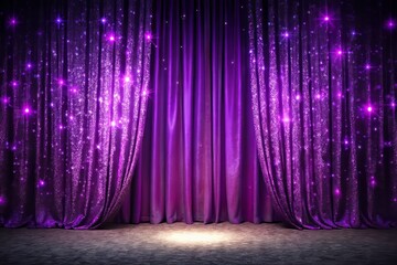 Vibrant purple glittery curtain partially lifted, revealing a bright light, hinting at an exciting upcoming event or
