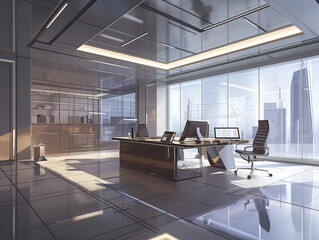 Futuristic Workspace: High-Tech Office with Sleek Furniture and Glass Walls