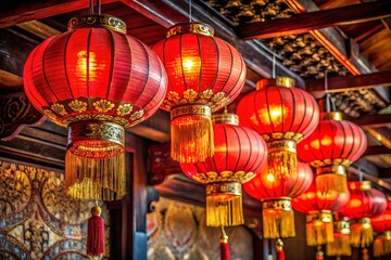 Vibrant red Chinese lanterns adorned with golden tassels and intricate designs hang from a dark wooden ceiling, casting