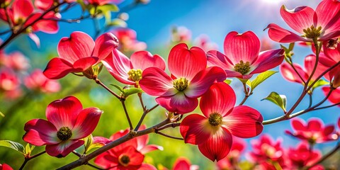Vibrant red dogwood flowers and branches against a soft blue sky, surrounded by lush green foliage, creating a