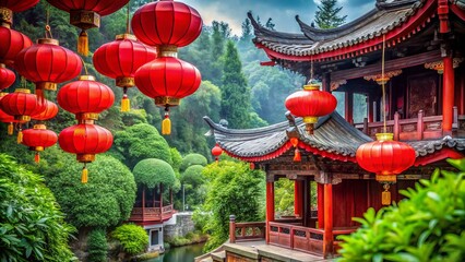 Obraz premium Vibrant red lanterns adorn a serene ancient temple surrounded by lush greenery, symbolizing harmony and balance in