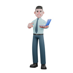 Professional Male Financial Analyst in 3D Animation. A male financial analyst is standing with his right hand pointing at an open blue-covered book held by his left hand. Economic
