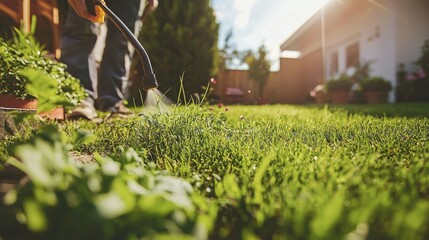 Spraying weed killer herbicide to control unwanted plants and grass on a backyard.