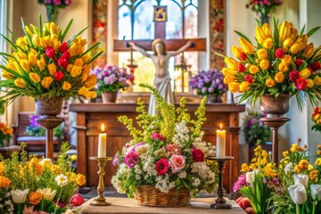 Vibrant spring flowers adorn a warmly lit church altar, adorned with festive decorations and a ornate cross, capturing