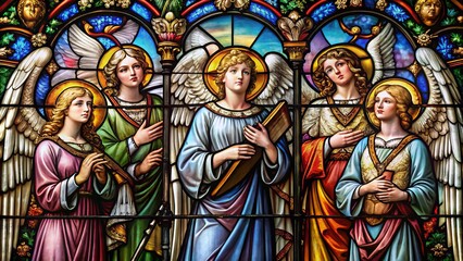 Obraz premium Vibrant stained glass window depicting angels singing in harmony, surrounded by intricate details and radiant colors,