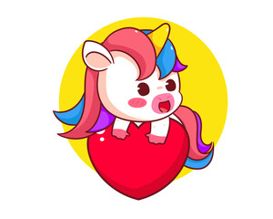 Cute Unicorn holding love Cartoon Vector. Adorable and Kawaii Animal Concept Design. Hand drawn style. Icon Mascot Logo Illustration. Isolated White Background.