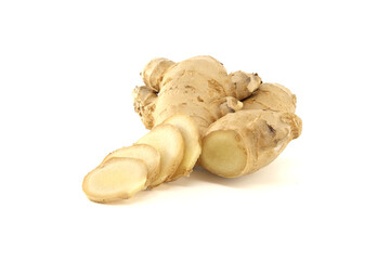 Fresh ginger root with slices isolated on white background