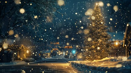 Naklejka premium Christmas, celebrate, festive, snowflake, dining, friendship, snow, tradition. snow and snowflake fallen every place of image, pine tree snow night