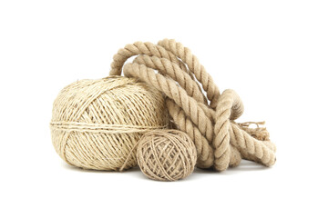 Natural fiber ropes and twine isolated on white background