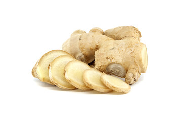 Fresh ginger root with slices isolated against a white background