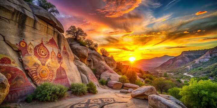 Vibrant sunset illuminates the ancient Native American Chumash rock art in a secluded canyon, surrounded by lush
