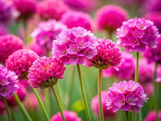 In this beautiful close-up, vivid pink thrift flowers (Armeria maritima) bloom gracefully, contrasting beautifully with