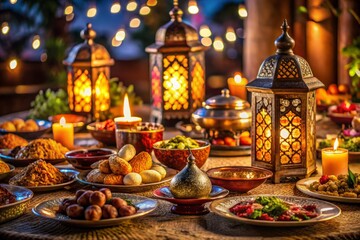 Vibrant table setting with traditional Middle Eastern dishes, lanterns, and intricate patterns, capturing the warm