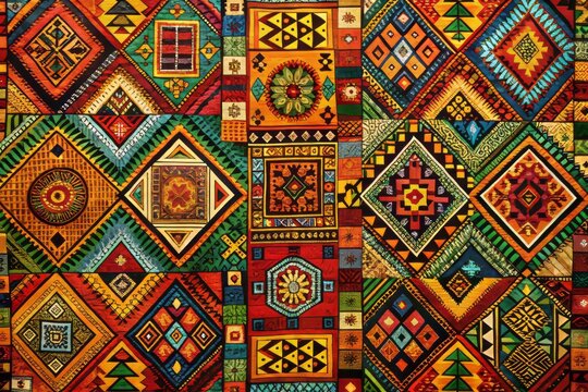 Vibrant tapestry with intricate patterns and symbols, blending traditional African, Asian, and Latin American motifs,