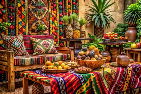 Vibrant traditional textiles and ornate patterns adorn a colorful African-inspired setting, surrounded by exotic fruits
