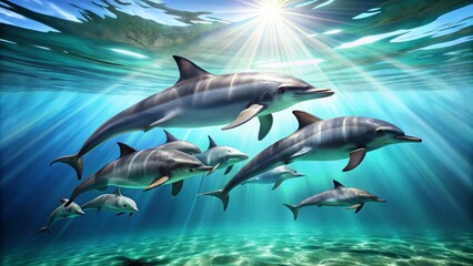 Fototapeta premium Vibrant turquoise ocean backdrop showcases a pod of sleek grey dolphins swimming harmoniously beneath the surface,