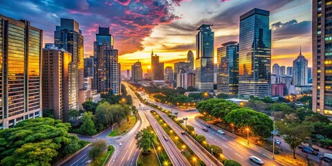 Fototapeta premium Vibrant urban landscape featuring a bustling city streetscape with towering skyscrapers, neon lights, and a busy