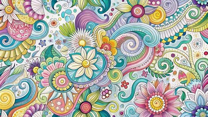 Vibrant, whimsical doodles and intricate patterns in pastel hues swirl and dance across a white background, creating a