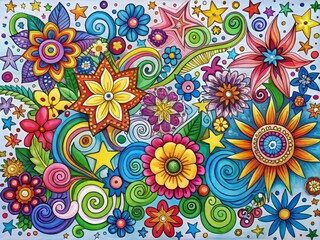 Vibrant, whimsical doodles of flowers, stars, and swirling patterns fill the page, bursting with colorful energy and