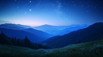 Starry Night Over Pine Mountains, a mesmerizing view of a twinkling starry sky illuminating the serene peaks of pine-covered mountains, showcasing the peacefulness of nature at night