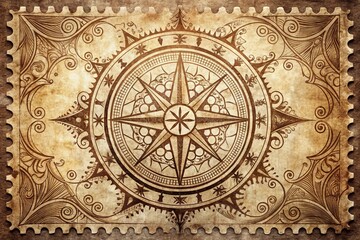 Vintage-style circular postmark stamp with intricate design and weathered texture, featuring a central compass rose