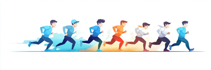 Fototapeta premium Seven men in various outfits run in a race, with a blue, orange, and white color scheme.