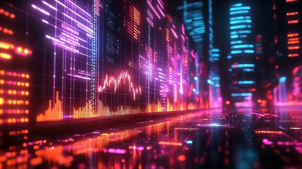 Fototapeta premium Neon-Lit Virtual Reality Stock Market Display Cityscape